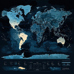 Dark blue world map highlighting countries, continents, oceans, with data legend