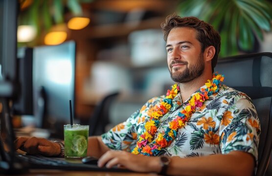 Fototapeta Businessman in Hawaiian Shirt, Drinking Cocktail, and Working at Desk in Modern Office