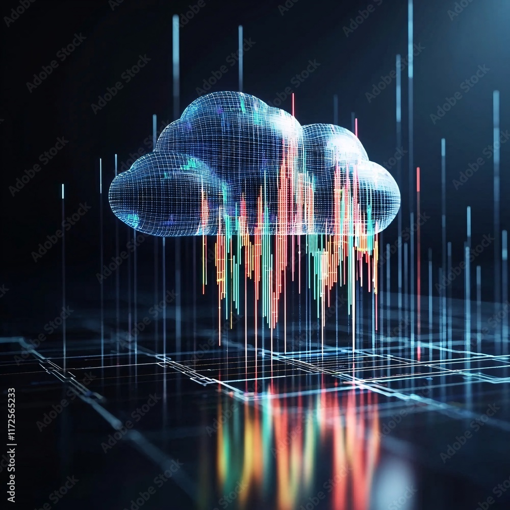 Poster a computer-generated image of cloud-based financial models forecasting future market conditions