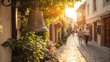 Obraz premium Sunlit Cobblestone Street Framed by Blooming Flowers and Nostalgia V7