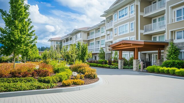  Serene Modern Senior Care Facility with Lush Garden and Inviting Entrance. Aesthetic and Welcoming Environment for Elderly Care and Wellness.