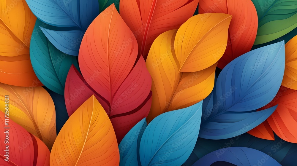 Poster the image contains a collection of stylized leaves in various shades of orange, red, and blue, arran