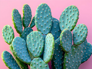 Close-up of vibrant green prickly pear cacti against a pink background.