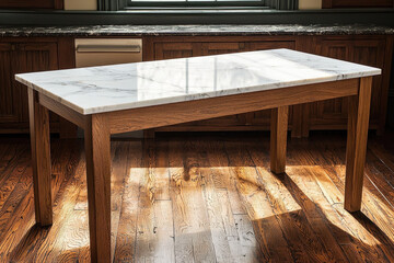 Empty marble table in sunny kitchen with wood cabinets