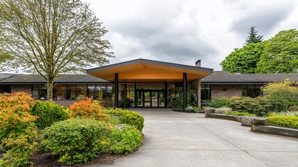  Serene Modern Senior Care Facility with Lush Garden and Inviting Entrance. Aesthetic and Welcoming Environment for Elderly Care and Wellness.