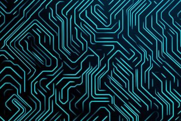 Abstract close-up of a glowing blue digital circuit board, showcasing intricate connections and technological design on a black background.
