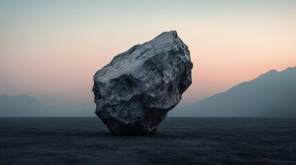 Large grey rock in desert landscape at sunset.