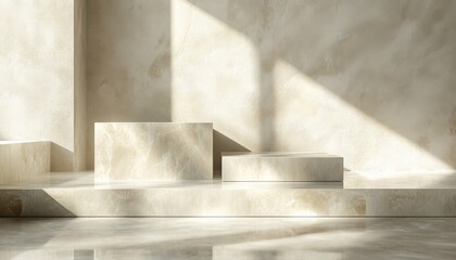 Elegant Beige Marble Display Platforms with Sunlight Shadows for Product Showcase