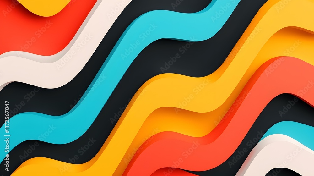 Poster the image contains a stylized abstract design featuring wavy, overlapping layers in vibrant colors s