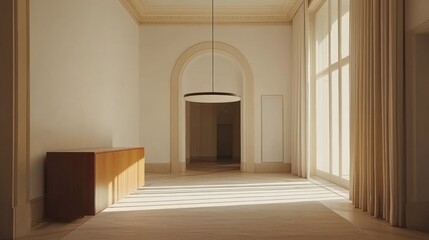 Sunlit hallway with arched doorway, wooden cabinet, and large windows.