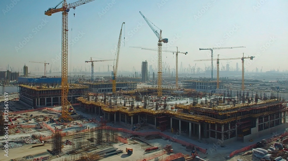 Poster construction site with multiple cranes working on building project