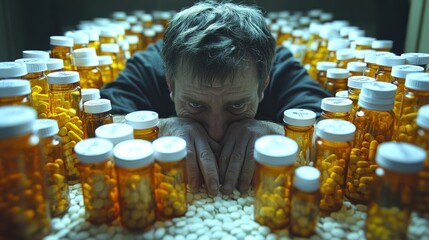 Man Overwhelmed by Pills, Depression, Despair, Drug Addiction, Healthcare Crisis.