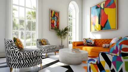 Vibrant modern living room with colorful furniture and artwork.