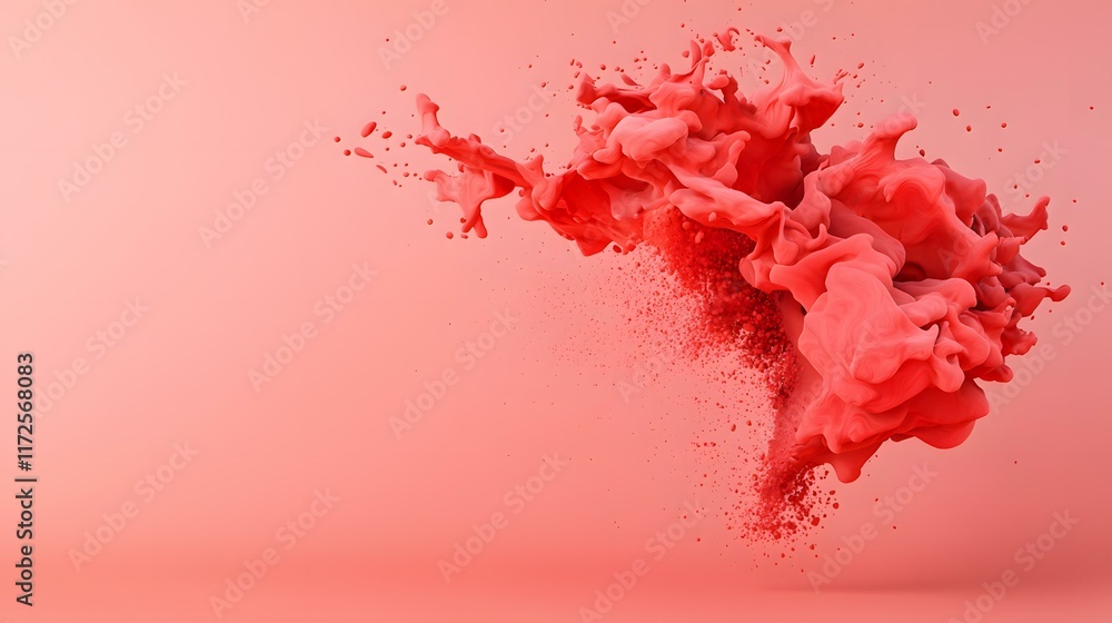 Aufkleber a vibrant coral-colored liquid explodes in a dynamic splash against a soft pink background, creating