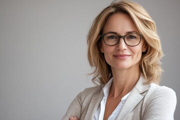 Fototapeta premium Confident woman with stylish glasses exudes professionalism and