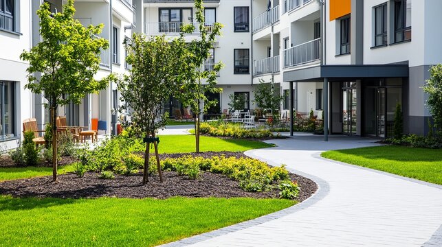  Serene Modern Senior Care Facility with Lush Garden and Inviting Entrance. Aesthetic and Welcoming Environment for Elderly Care and Wellness.