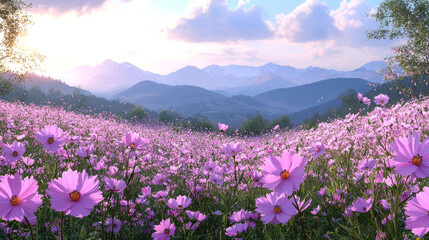 Pink Cosmos Field Mountain View