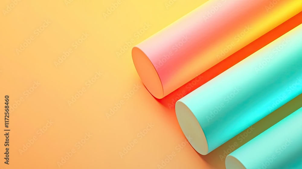 Poster neon abstract background idea. bright colored cylindrical shapes against a gradient background.