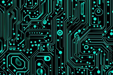 Abstract close-up of a glowing blue digital circuit board, showcasing intricate connections and technological design on a black background.
