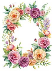 A flowery border with a variety of flowers including roses. Flowers. Clipart. Vector. Illustration. Watercolor.