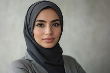 Naklejka premium Confident woman in stylish attire, wearing dark hijab, exudes pr