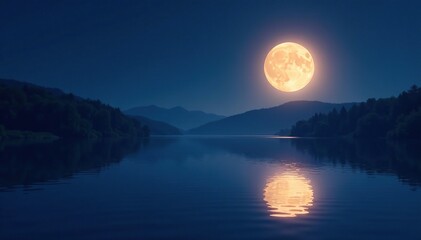 Moonlit lake with reflected full moon's gentle beam, calm, lake, moonlight