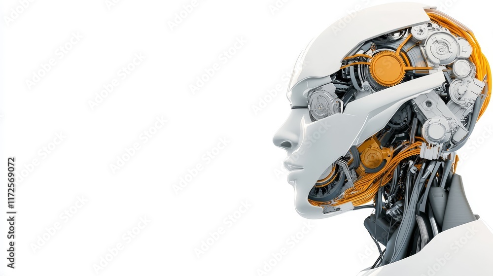 Poster futuristic robot profile with exposed mechanical components, highlighting technology, innovation, an