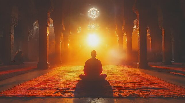 Man praying indoor silhouette, meditation, pray to god , Moslem, yoga 
