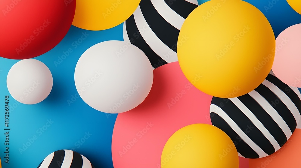 Poster the image contains a collection of colorful spheres and partial circles on a blue background. the sp
