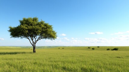 Obraz premium A solitary tree stands in a vast green landscape under a clear sky.