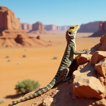 Saara agamid lizard climbing a rocky outcrop in the desert landscape, outcrop, saara, climb