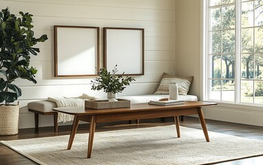 Modern living room design, sunlight, neutral tones, wooden furniture, cozy atmosphere, home decor inspiration.