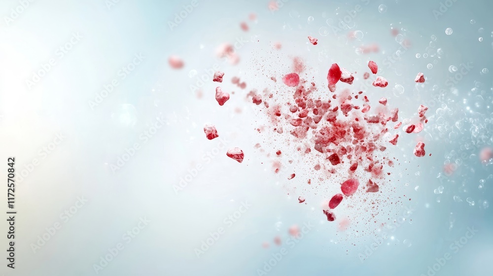 Poster abstract image of vibrant red particles exploding against a soft-focus blue background, depicting en