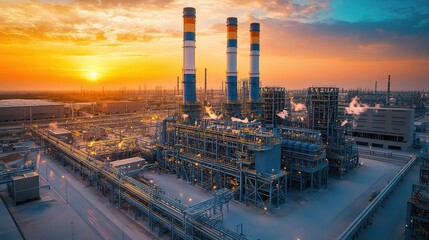 Obraz premium Aerial View of Gas Turbine Power Plant at Sunset with Steam