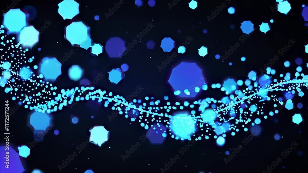 Poster vibrant blue particles create a wave pattern in dark background