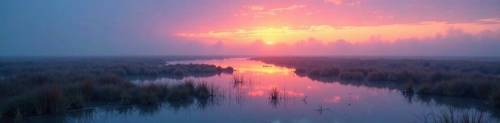 Obraz premium Tidal salt marsh at dusk with misty fog rolling in, peaceful, marsh, calm