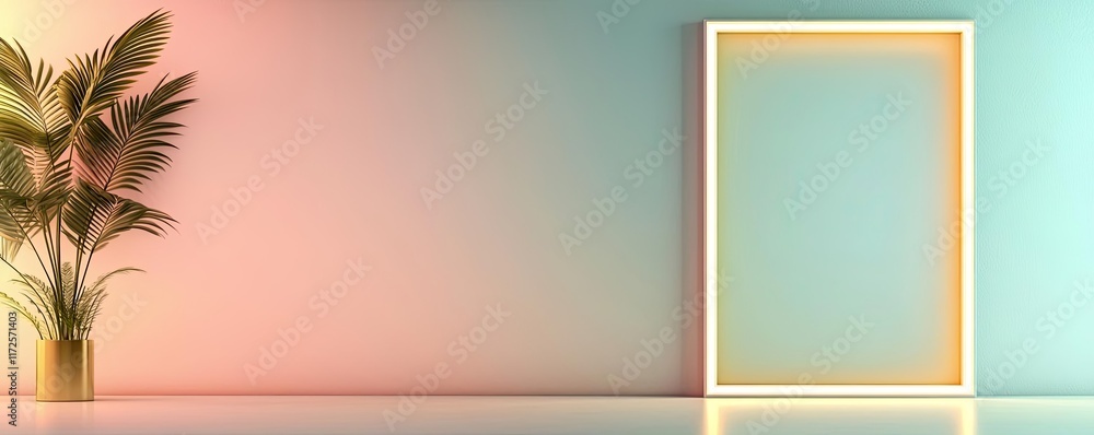 Poster pastel abstract background idea. stylish interior design featuring a plant and empty frame on a colo