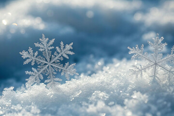Two perfect snowflakes on snowy ground, sunlit.