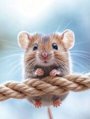 A close-up of a small, cute rodent perched on a rope, showcasing its features and expression.