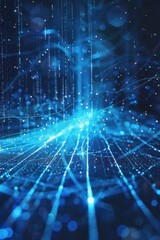 Abstract digital art; vibrant blue glowing lines converge, creating a dynamic, interconnected network of data streams and light particles in a dark background.