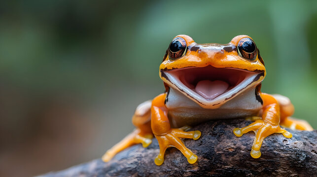 Phantasmal Poison Frog resting on branch, revealing vivid orange black markings during display in lush rainforest environment