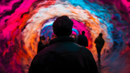 Visitor standing inside mesmerizing art installation, colorful swirling tunnel surrounding white male, blurred figures moving through illuminated passageway