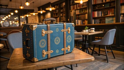 Vintage Blue Suitcase in a Cozy Caf&eacute;, Evoking Travel and Nostalgia V5