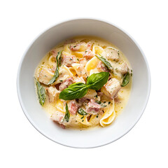 Creamy Pasta Delight: A top-down shot of a gourmet pasta dish in a elegant bowl, featuring tender pieces of protein, fresh herbs, and a creamy sauce, a culinary masterpiece.