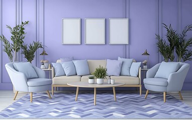 Fototapeta premium Lavender living room interior design; beige sofa, armchairs, coffee table; plants.
