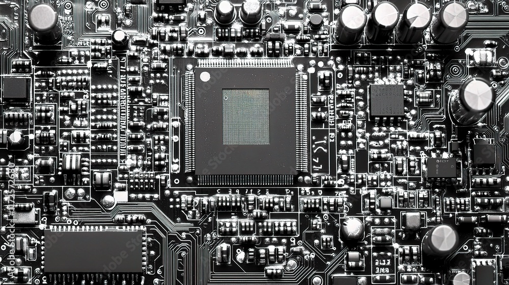 Poster detailed view of a high-tech circuit board with components and layout