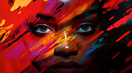 Close up portrait of a beautiful African American woman with vibrant, artistic body painting showcasing expressive eyes and captivating makeup artistry