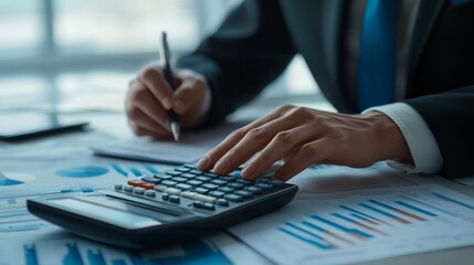 Accountant working at desk using calculator to calculate financial report in office, analyzing data and preparing financial statements for business planning


