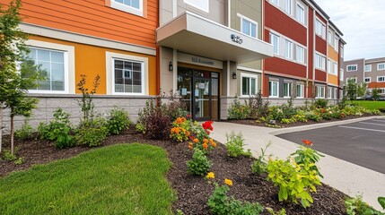 Serene Modern Senior Care Facility with Lush Garden and Inviting Entrance. Aesthetic and Welcoming Environment for Elderly Care and Wellness.