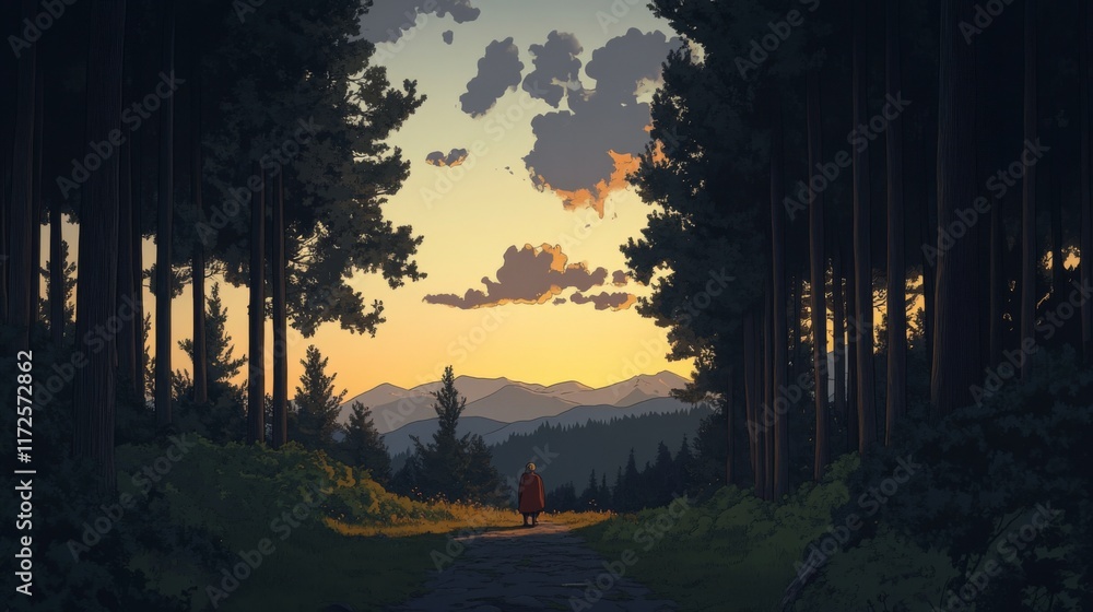 Poster Sunset view through forest path with person.